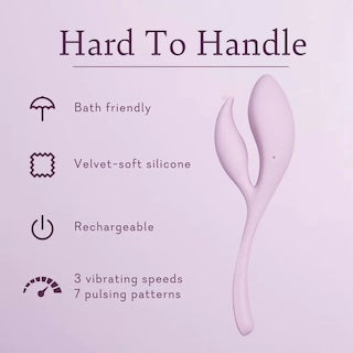 Light purple double-ended silicone massager with two leaf-shaped curved tips