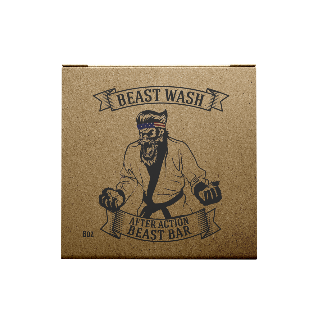 Cardboard Beast Wash soap bar box with bearded boxer graphic and banner label