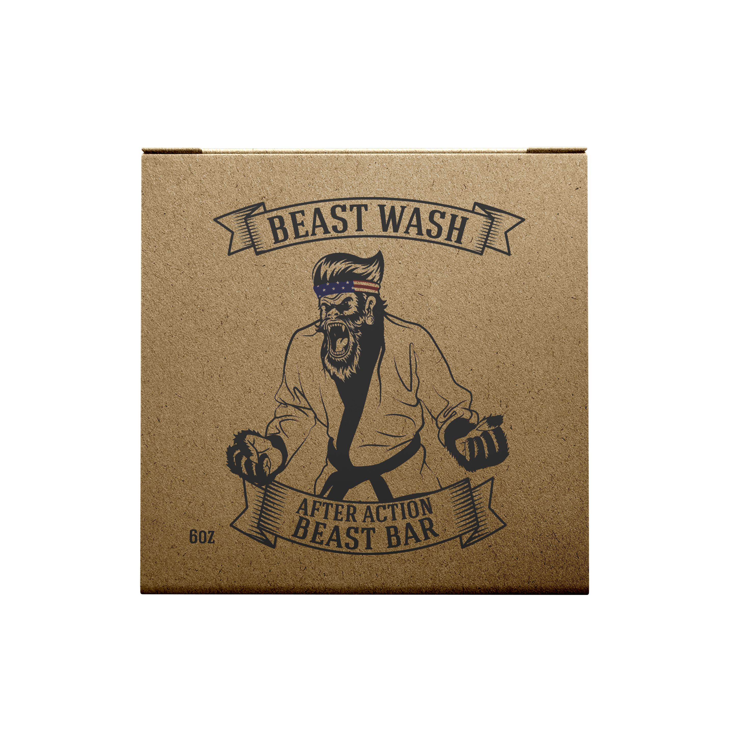 Cardboard Beast Wash soap bar box with bearded boxer graphic and banner label
