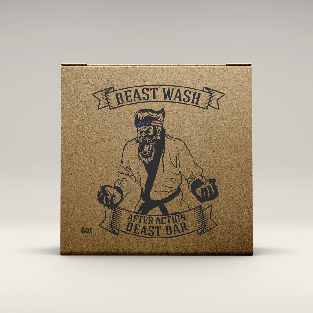 Beast Wash cardboard box with bearded fighter illustration and After Action Beast Bar banner