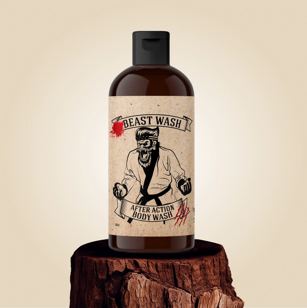 Body wash bottle with black pump and illustrated label