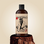 Body wash bottle with black pump and illustrated label