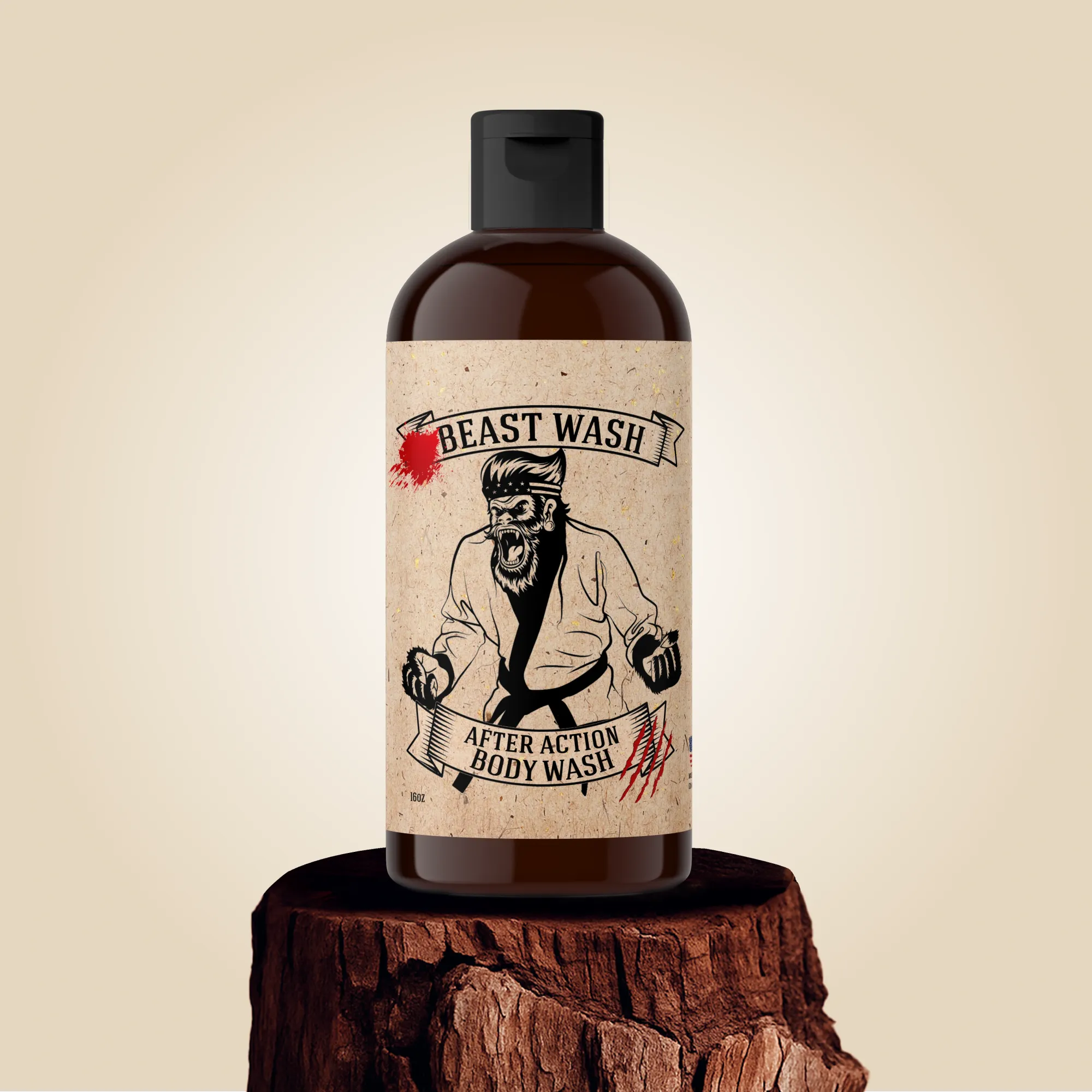 Body wash bottle with black pump and illustrated label