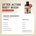 Body wash bottle with organic ingredients list graphic and 5-star badge
