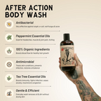 Body wash bottle held in hand with antibacterial and ingredient icons
