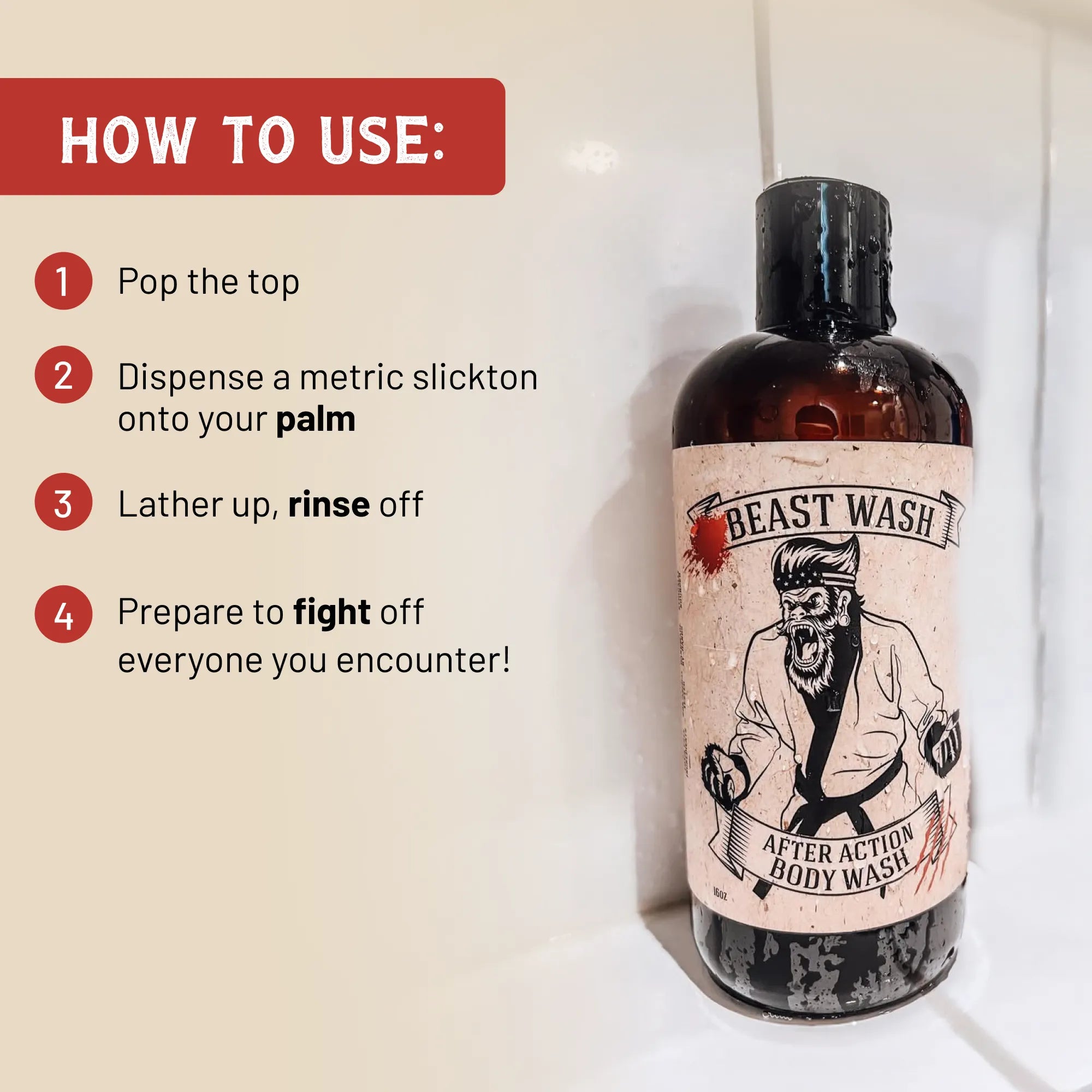 Body wash bottle with how-to-use steps graphic