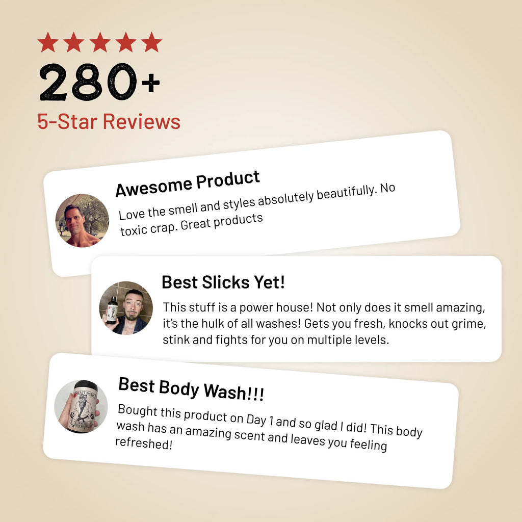Body wash bottle with 280+ 5-star review testimonial cards