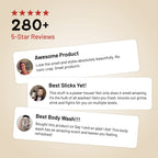 Body wash bottle with 280+ 5-star review testimonial cards
