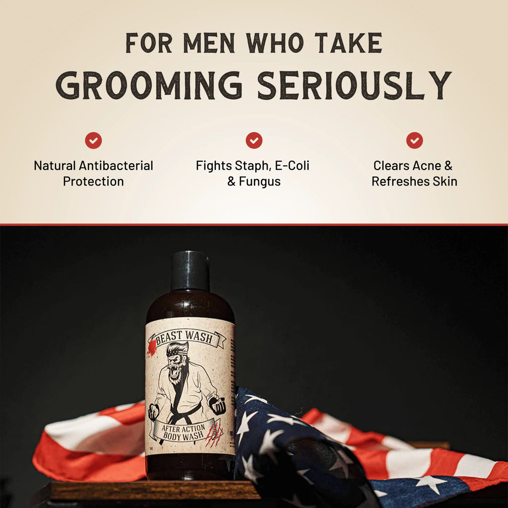 Body wash bottle with banner listing grooming benefits for men