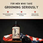 Body wash bottle with banner listing grooming benefits for men