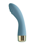 Curved teal silicone massager with gold base