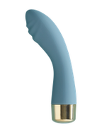 Curved teal silicone massager with gold base