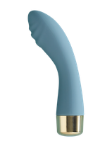 Curved teal silicone massager with gold base