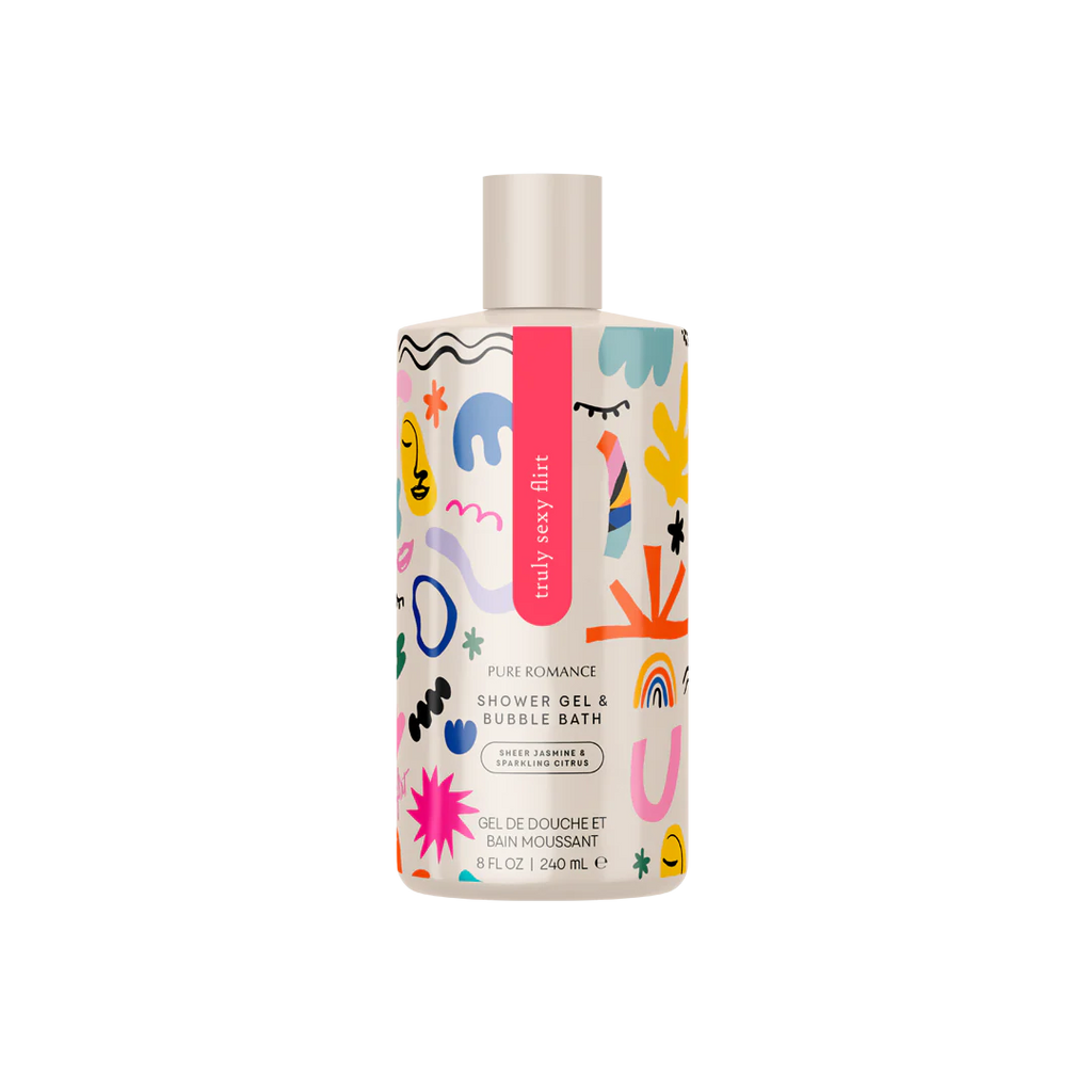 Skinny Dip shower gel & bubble bath bottle with bright abstract doodle print