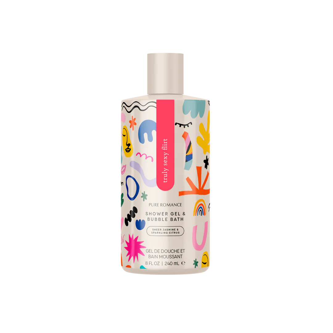 Skinny Dip shower gel & bubble bath bottle with bright abstract doodle print