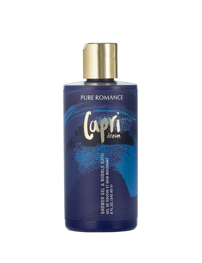 Skinny Dip shower gel & bubble bath bottle with gold cap and deep blue wave print