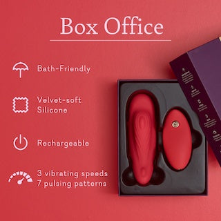 Box with side icons and a red silicone dual massager in a clear tray