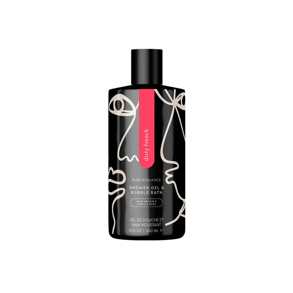 Skinny Dip shower gel & bubble bath bottle with black cap and dark floral line art