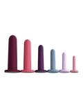 Vaginal dilator set with five silicone dilators in purple, pink, blue, and light shades