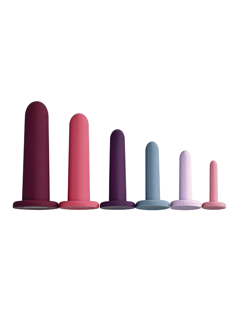 Vaginal dilator set with five silicone dilators in purple, pink, blue, and light shades