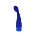 Vibrating G-Spot wand with curved blue silicone head and transparent base