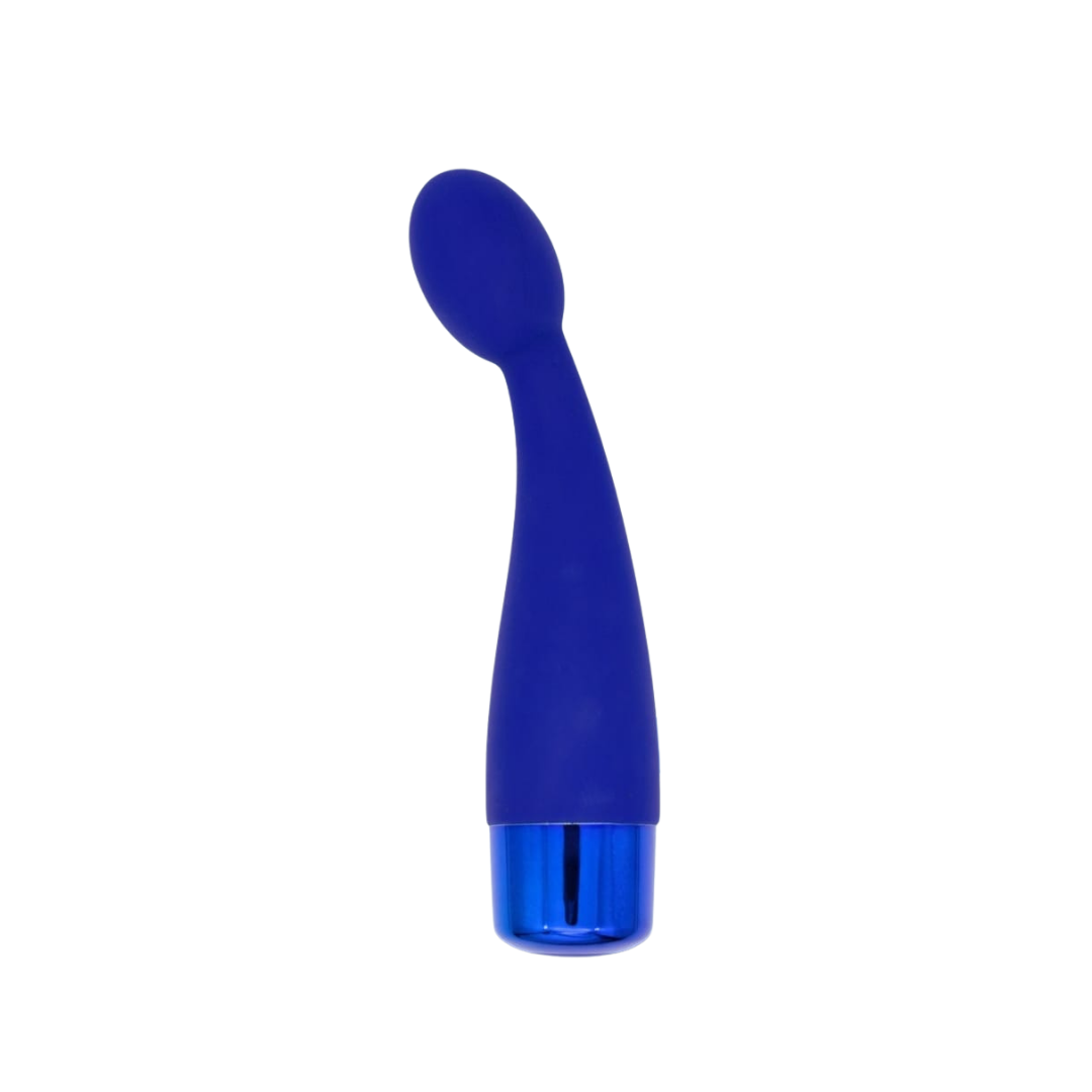 Vibrating G-Spot wand with curved blue silicone head and transparent base