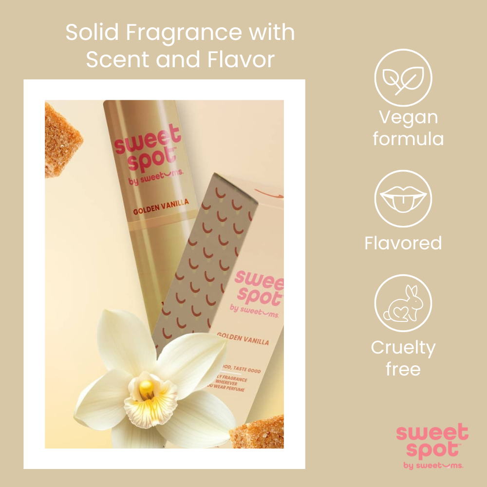 Solid fragrance stick and golden vanilla tube with white orchid