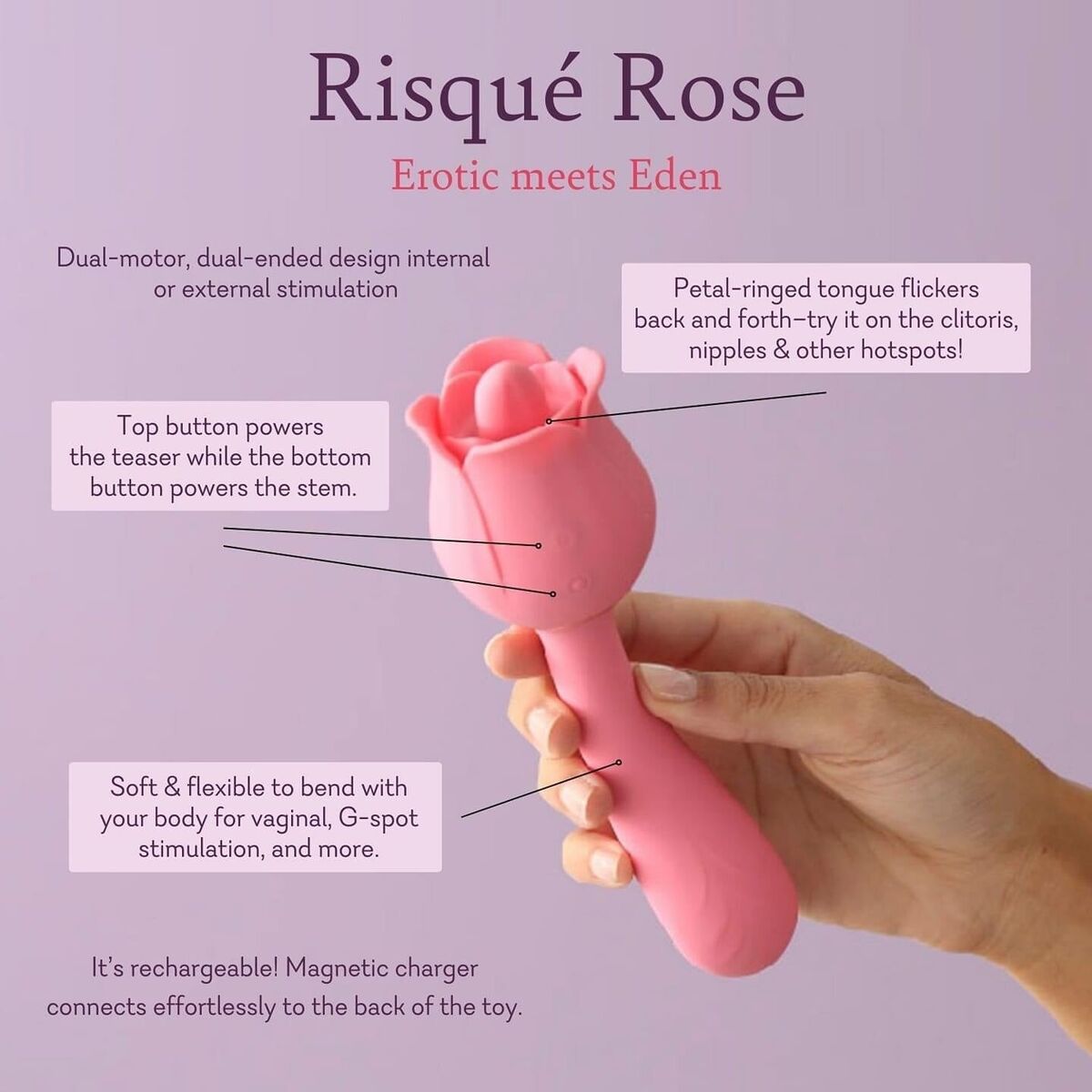 Risqué Rose rose-shaped massager, pink dual-ended design