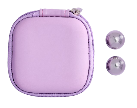 Purple pearl Ben Wa balls with lilac zip pouch and stitched border.