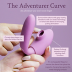 Purple curved silicone massager held in hands, U-shape with control buttons