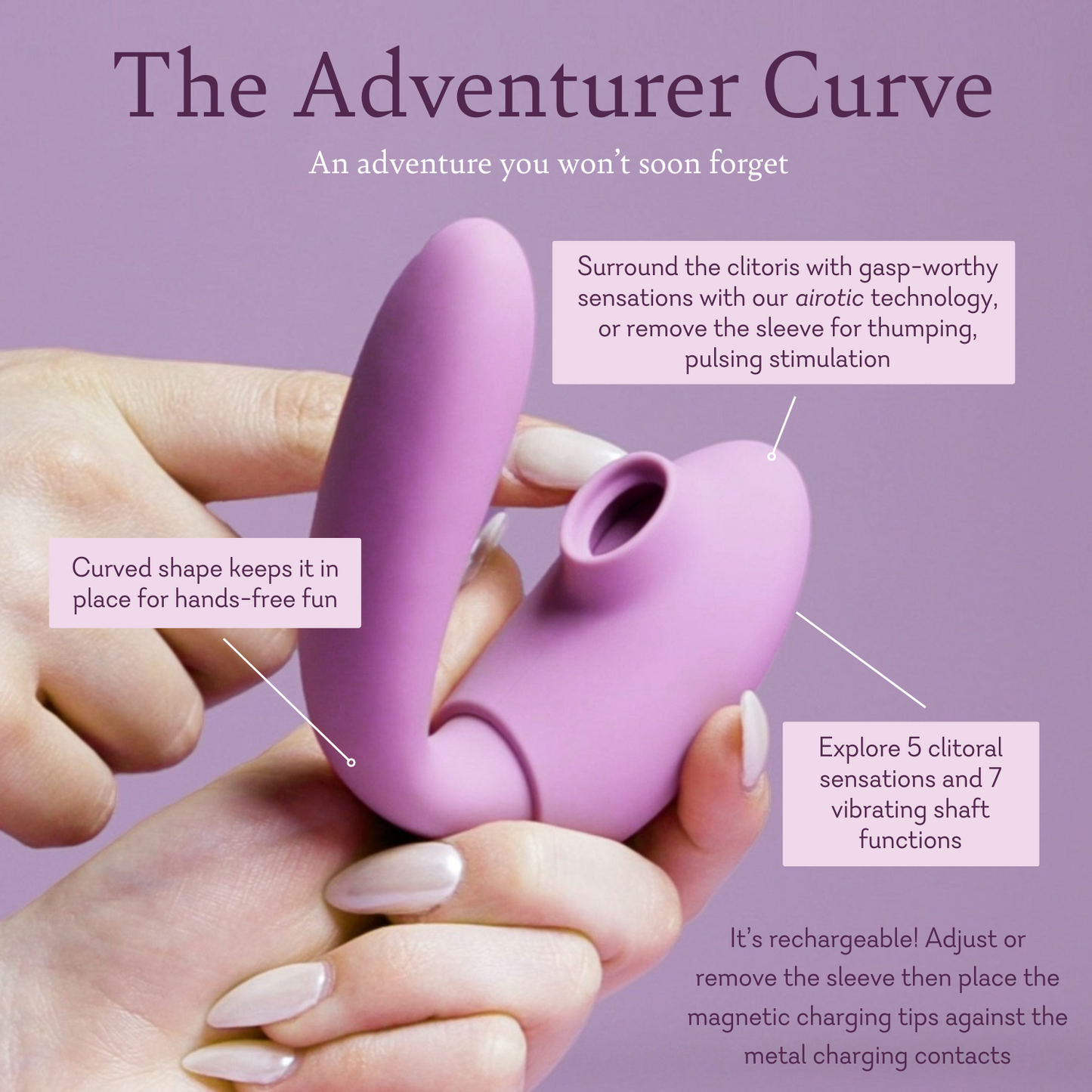 Purple curved silicone massager held in hands, U-shape with control buttons