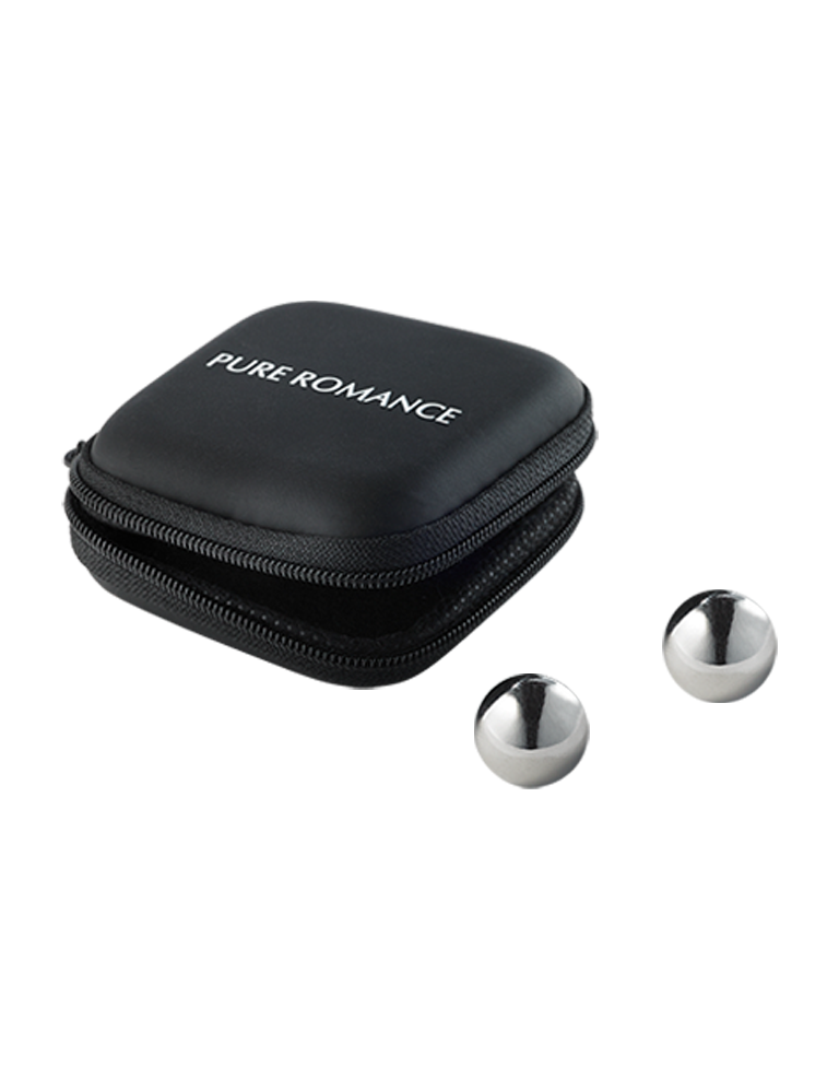 Silver Ben Wa balls with zip case; black exterior and contrast zipper.