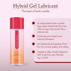 Hybrid gel lubricant bottle with red label and bullet-point benefits on back panel