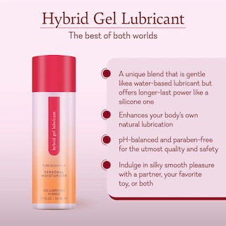 Hybrid gel lubricant bottle with red label and bullet-point benefits on back panel