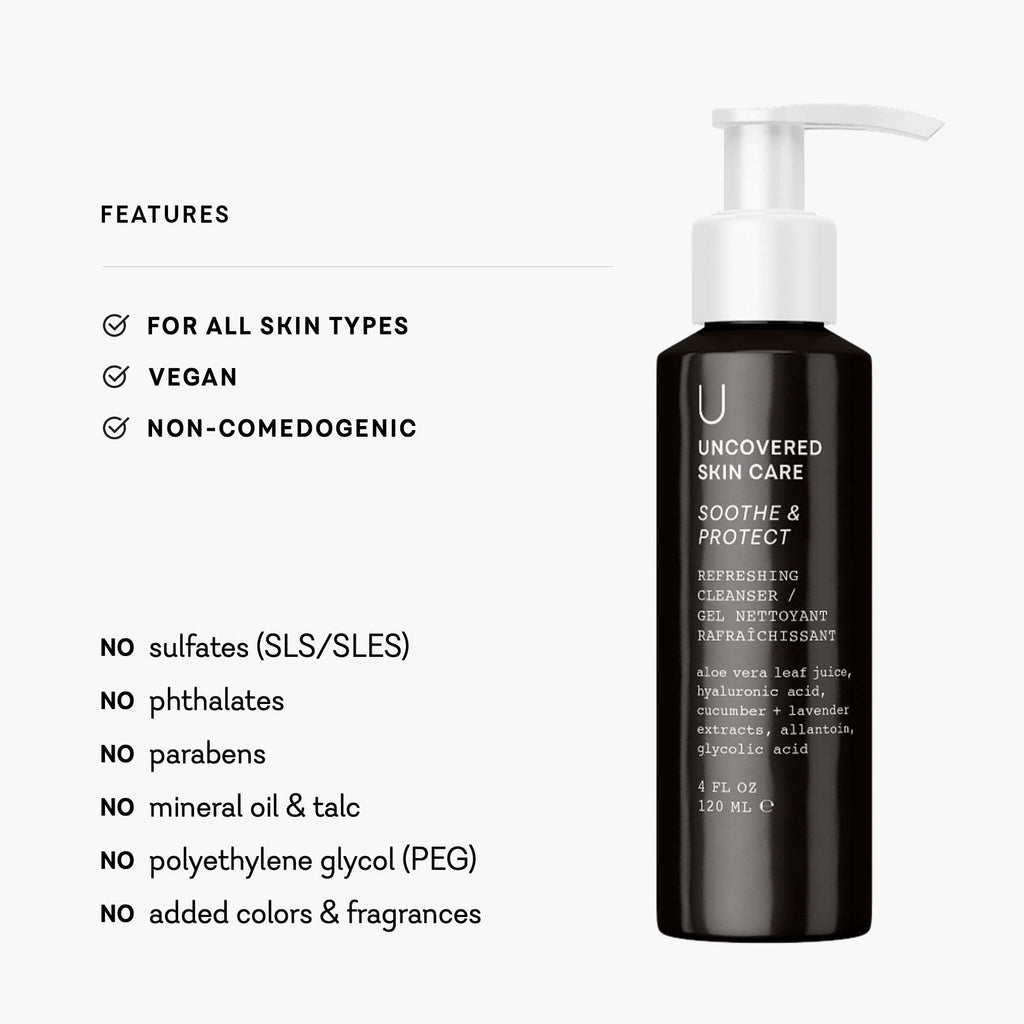 Black pump cleanser bottle with “Soothe & Protect” label and feature checkmarks.