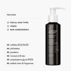 Black pump cleanser bottle with “Soothe & Protect” label and feature checkmarks.