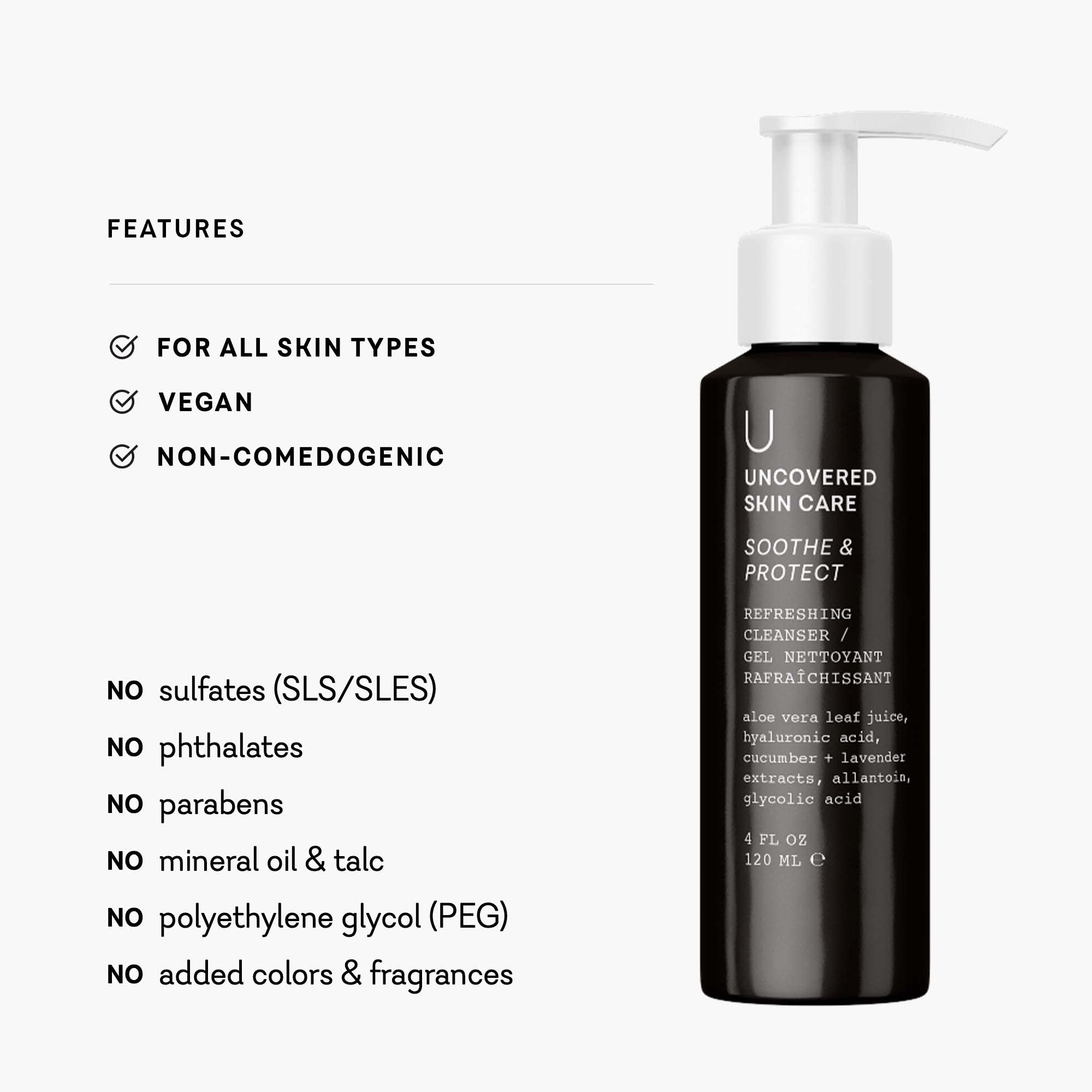 Black pump cleanser bottle with “Soothe & Protect” label and feature checkmarks.