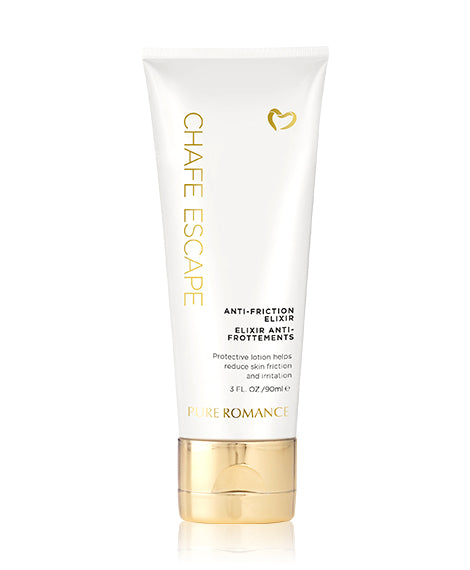Chafe Escape anti-friction elixir cream tube, white with gold base and cap