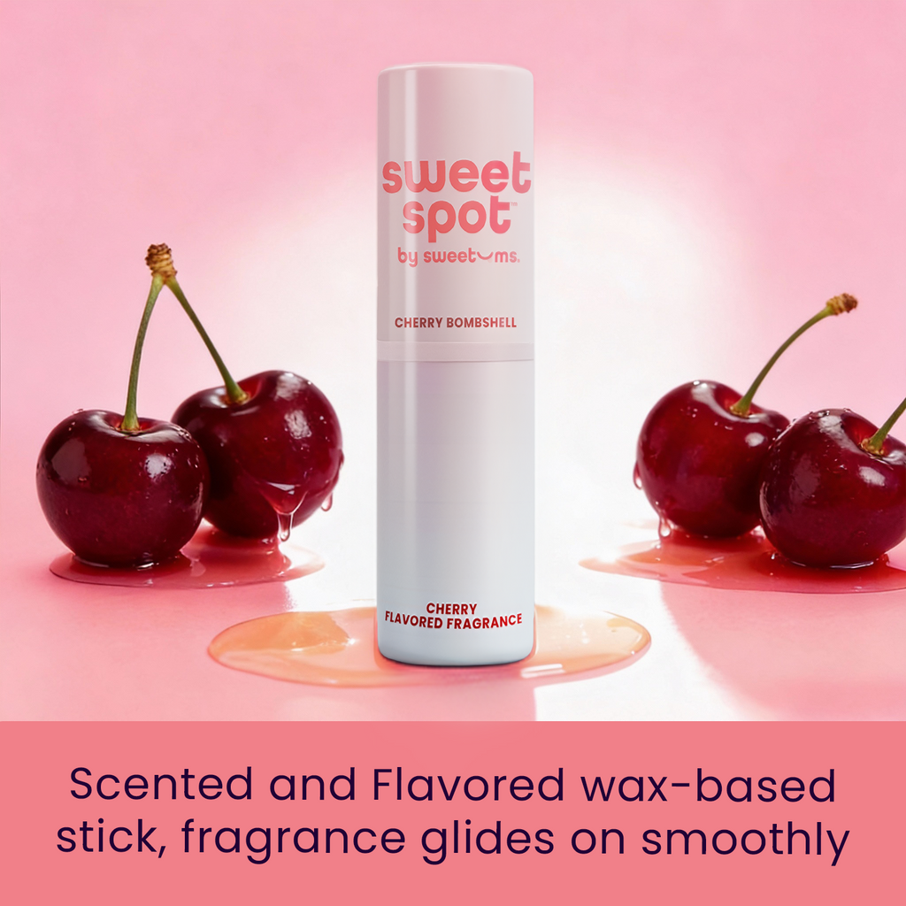 Transparent Sweet Spot solid fragrance stick tube with Cherry Bombshell label