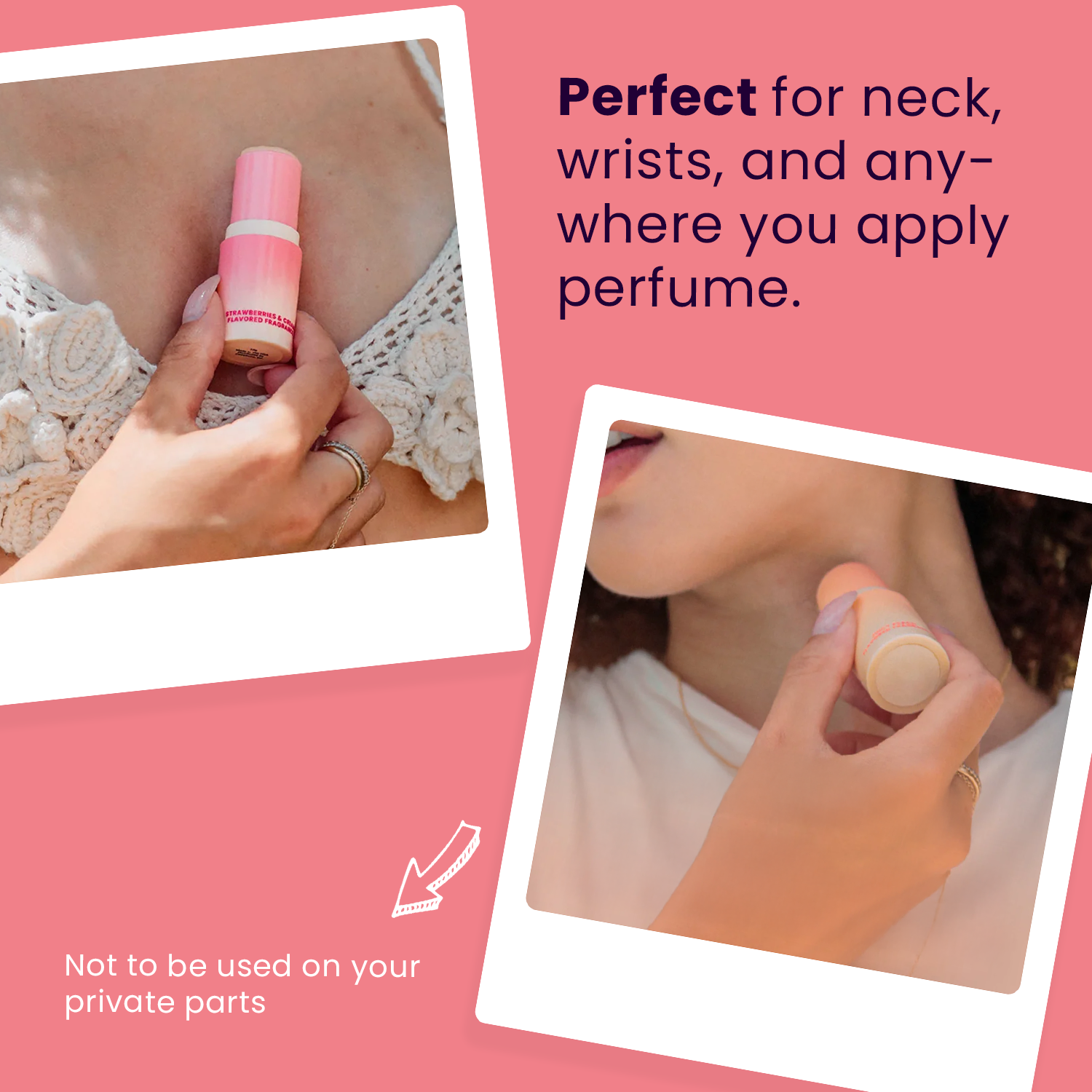 Pink solid fragrance stick applied on neck or wrist area