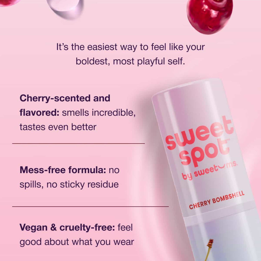 Pink Sweet Spot solid fragrance stick with cherry-themed label