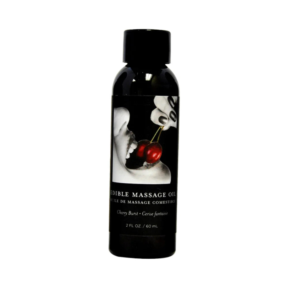 Edible massage oil bottle with black cap and cherry-themed label