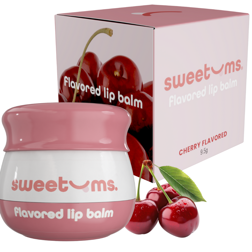 Cherry flavored lip balm jar with pink tinted balm and matching display box