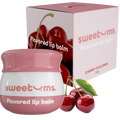Cherry flavored lip balm jar with pink tinted balm and matching display box