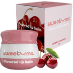 Cherry flavored lip balm jar with pink tinted balm and matching display box