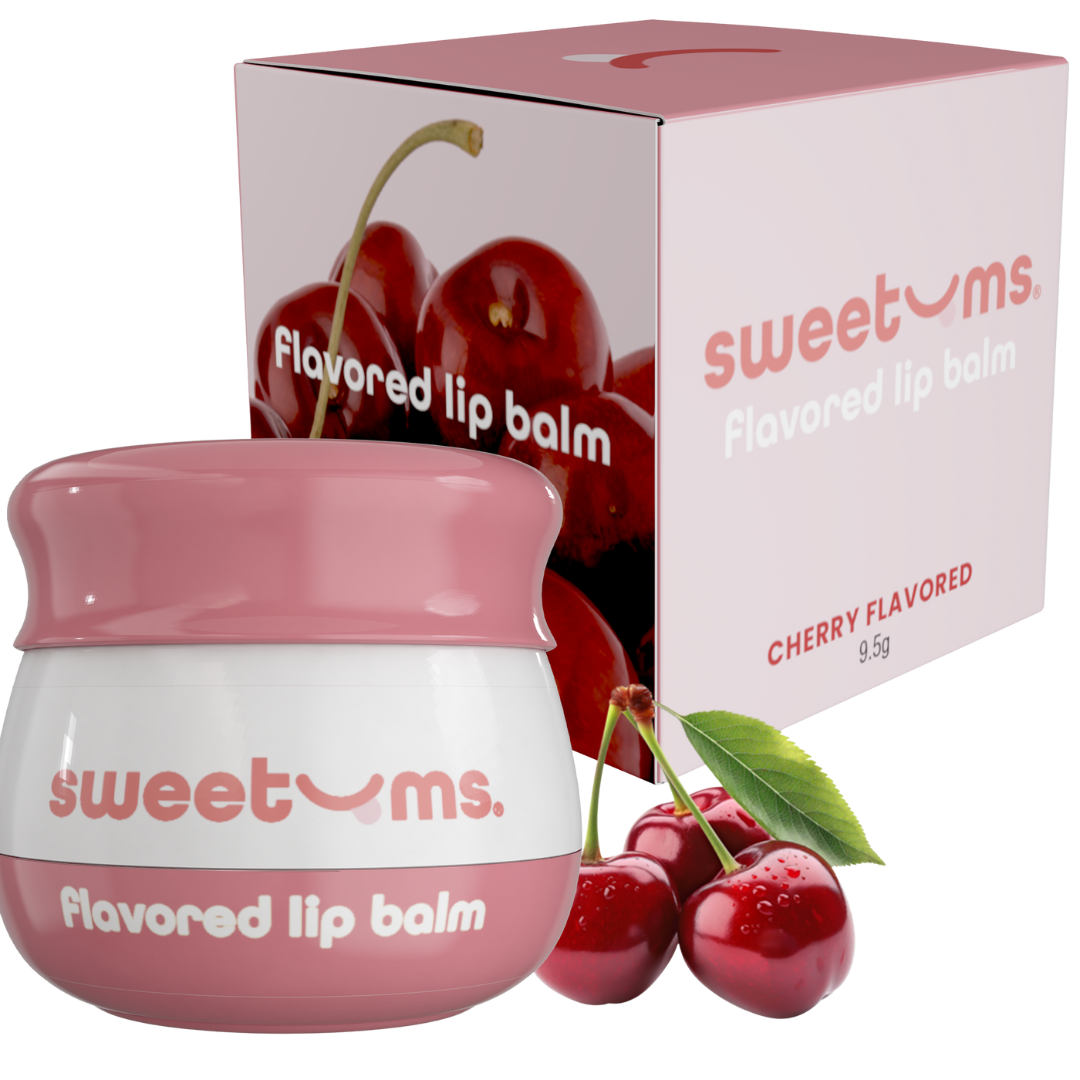Cherry flavored lip balm jar with pink tinted balm and matching display box