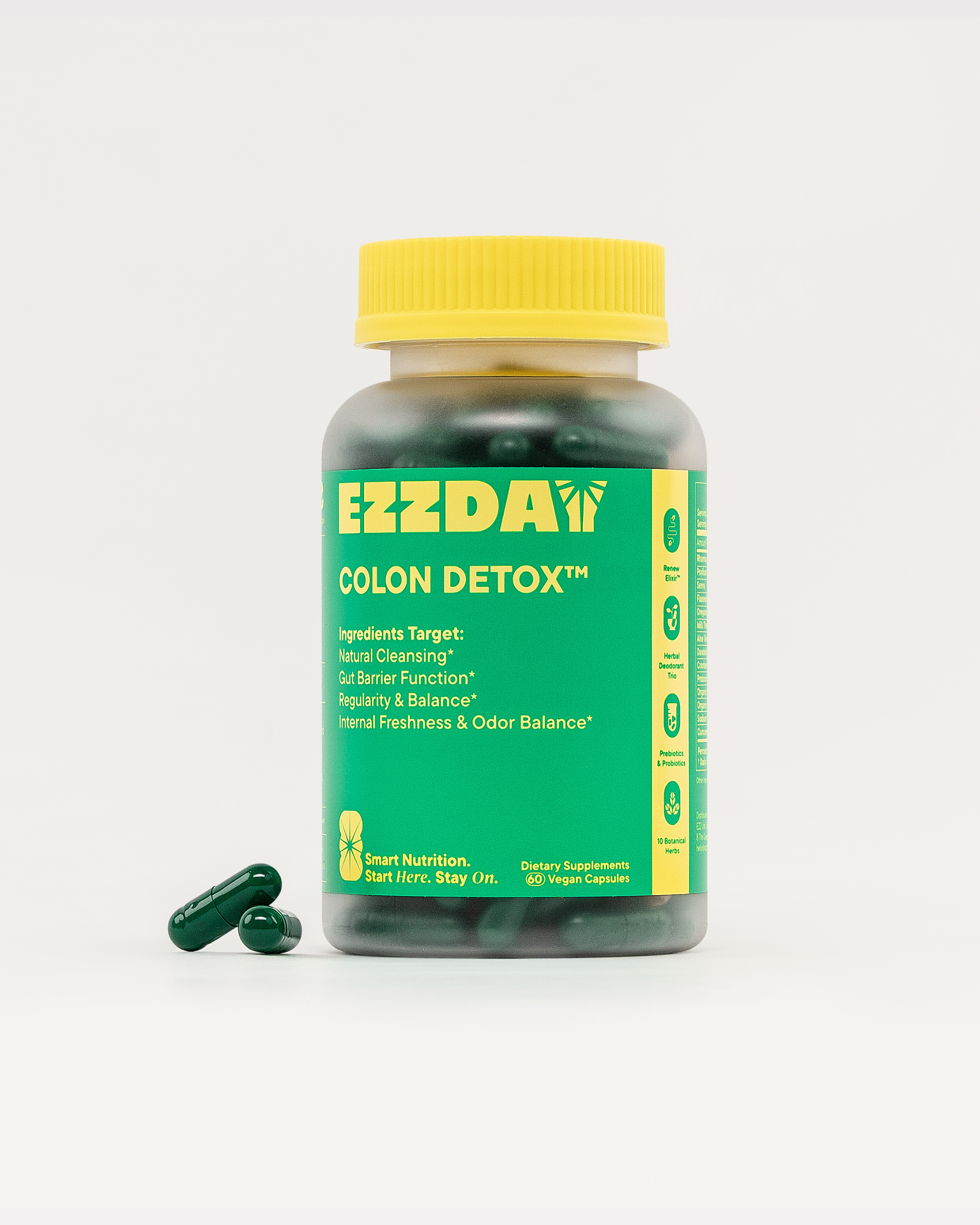 EZZDAY colon detox supplement bottle with yellow cap and dark green capsules
