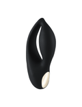 Black conical sex toy with cream tip and curved slit opening