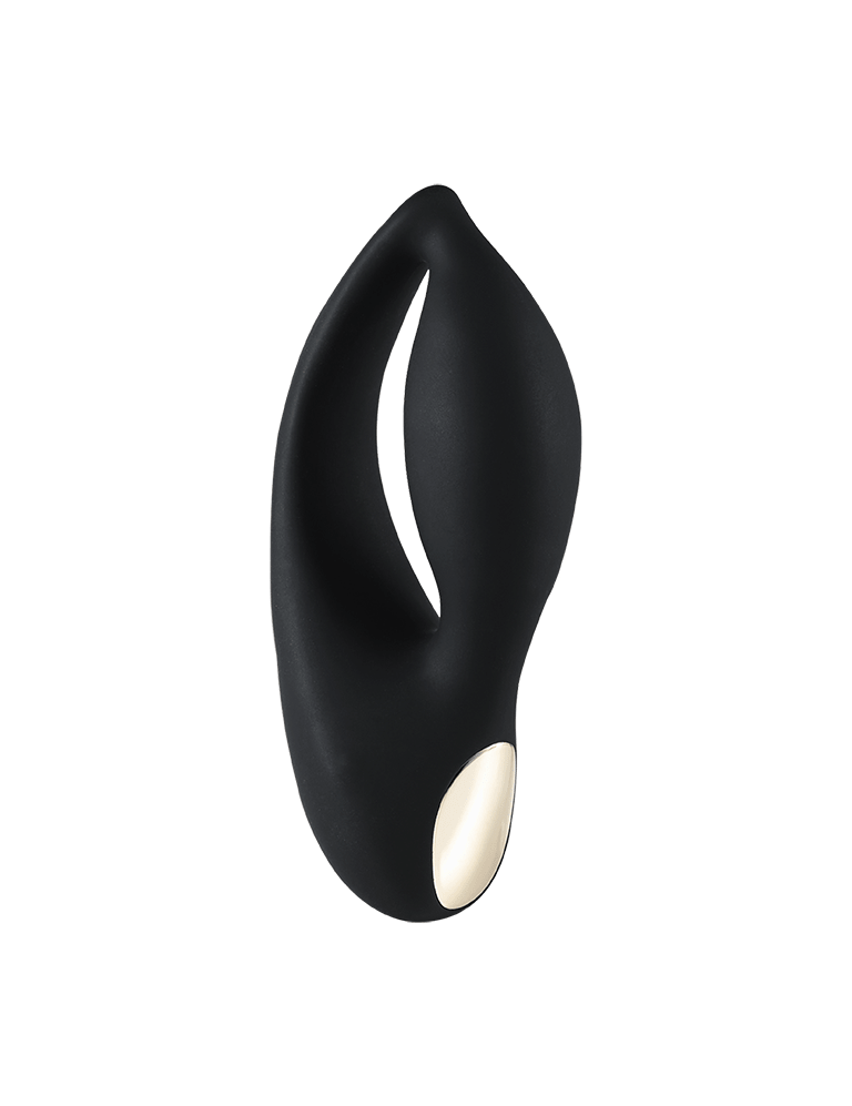 Black conical sex toy with cream tip and curved slit opening