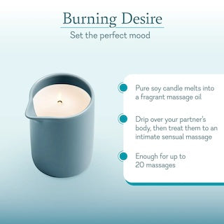 Scented candle in blue jar with cream wax and visible wick